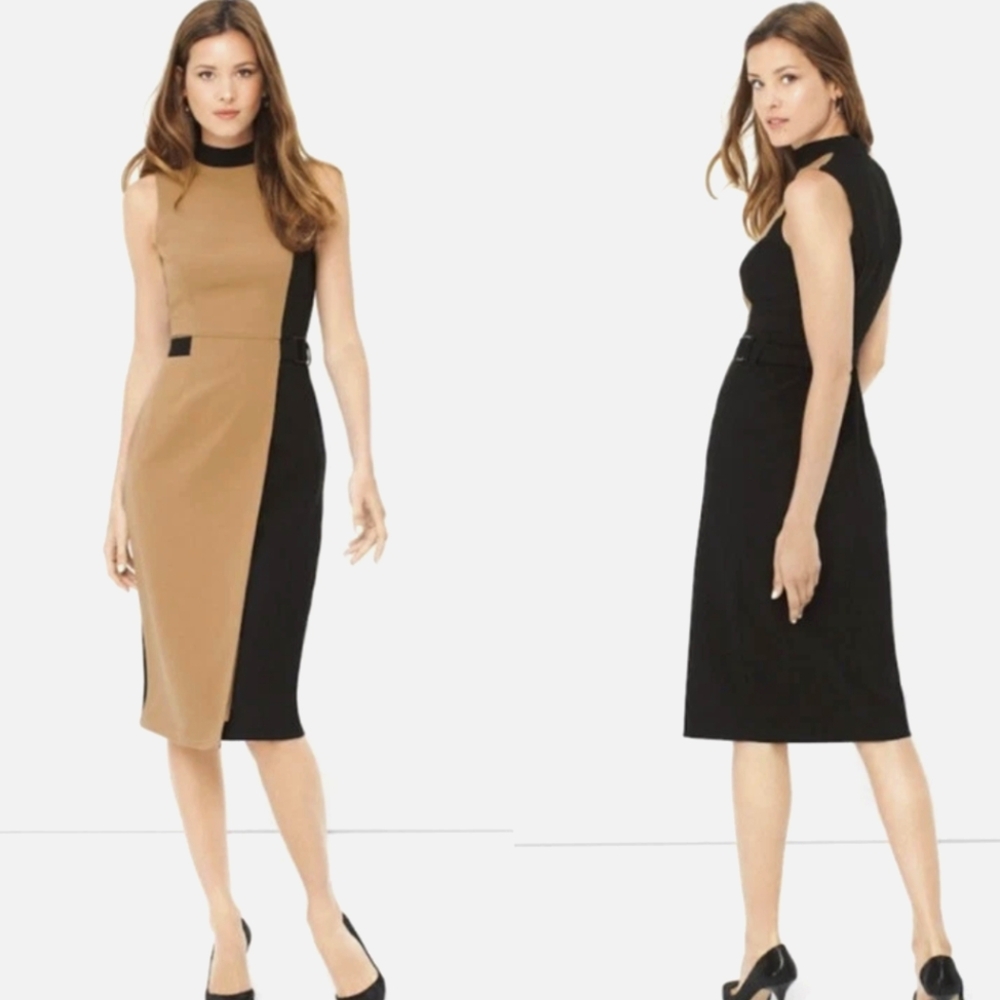 White House Black Market Two-Tone Camel and Black Midi Dress